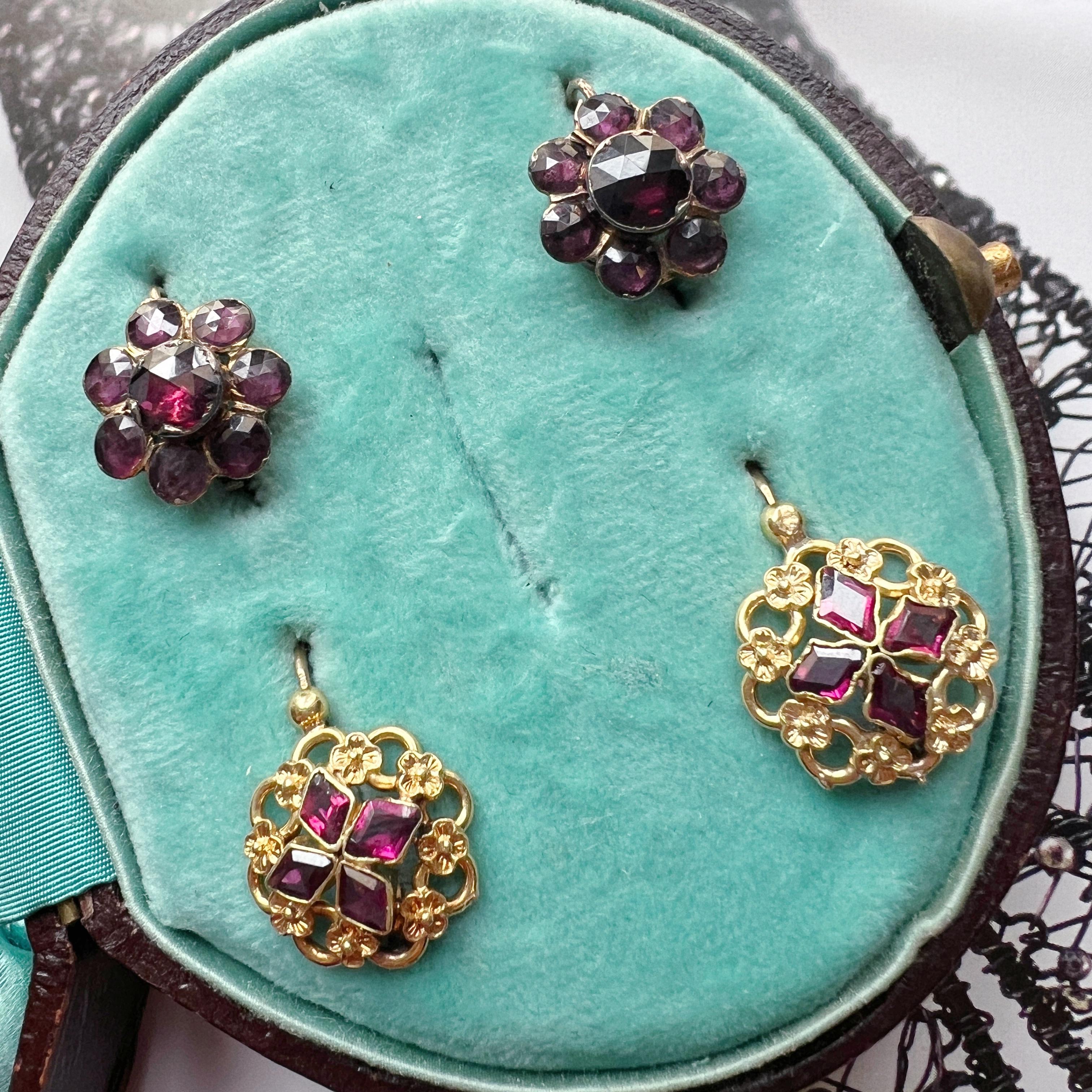 Victorian 18K gold flat cut garnet flower earrings 3