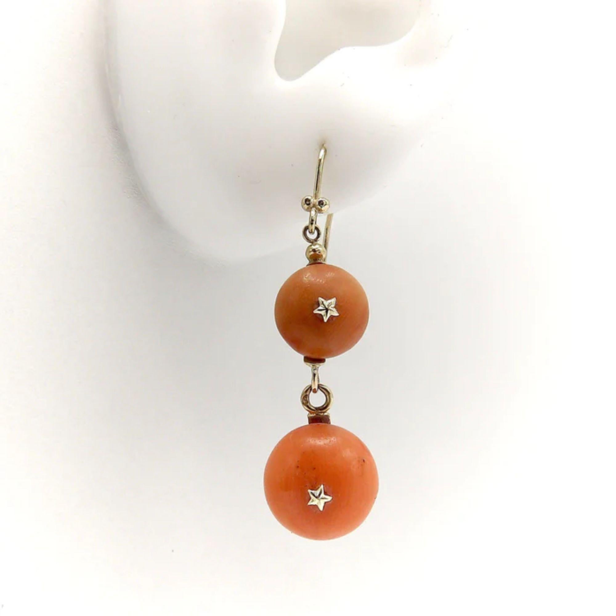 Bead Victorian 18K Gold French Coral Ball Dangle Earrings, 1870 For Sale