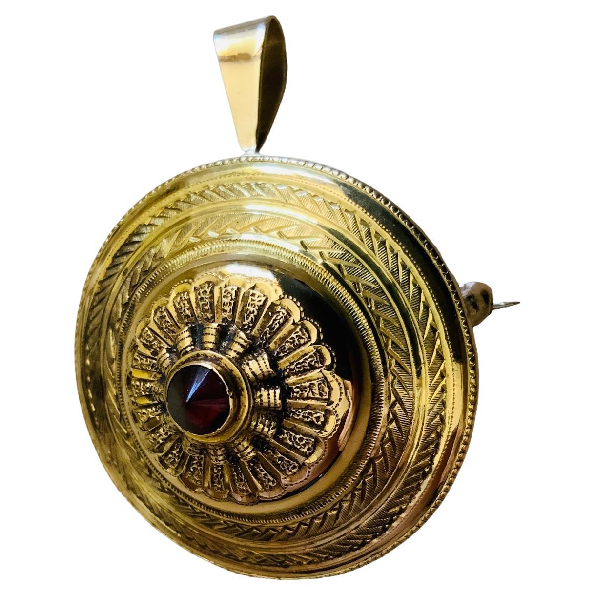 Victorian 18k Gold Garnet Round Brooch / Pendant For Sale