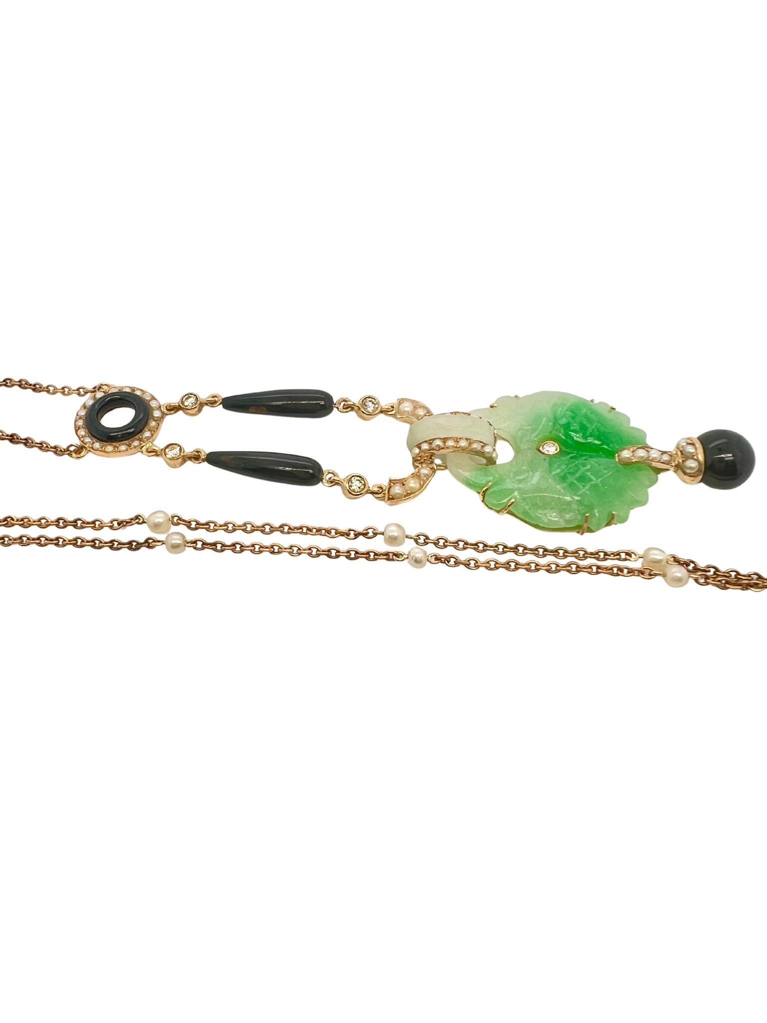 Taille mixte Collier victorien avec pendentif en or 18k Jade Onyx Perles de rocaille en vente