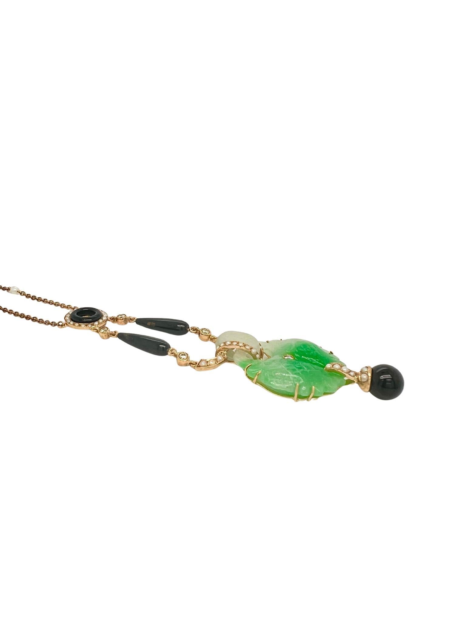Collier victorien avec pendentif en or 18k Jade Onyx Perles de rocaille Pour femmes en vente