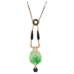 Collier victorien avec pendentif en or 18k Jade Onyx Perles de rocaille