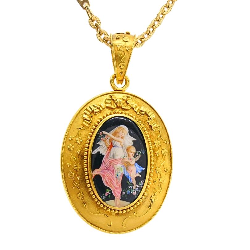 da uomo o donna Ciondolo a medaglione vittoriano in oro 18k Collana con smalto in miniatura in vendita