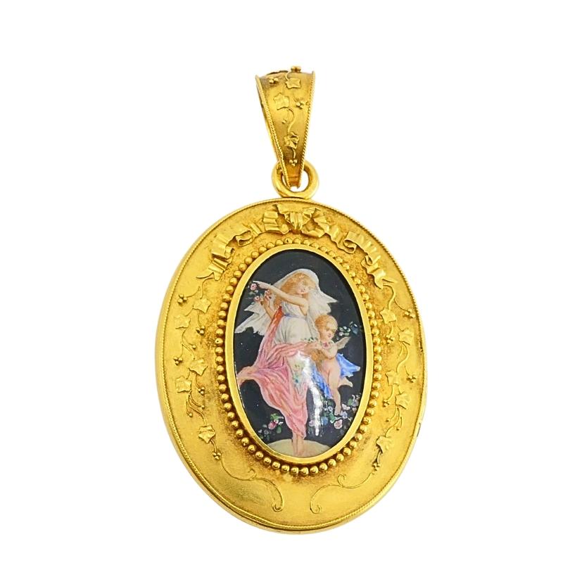 Ciondolo a medaglione vittoriano in oro 18k Collana con smalto in miniatura in vendita 4