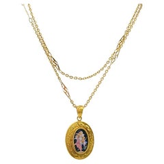 Viktorianische 18k Gold Medaillon Anhänger Halskette Emaille Miniatur