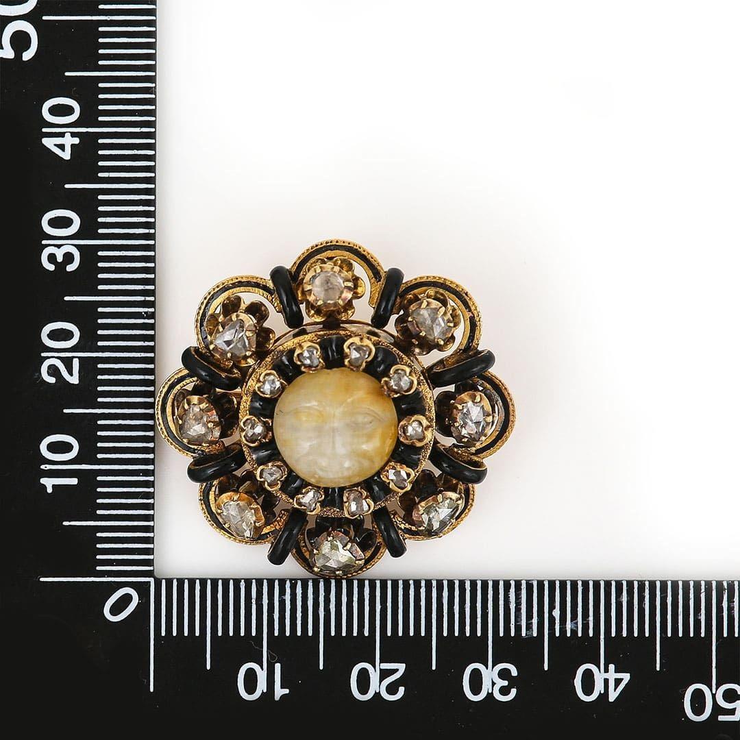 Victorian 18k Gold Man in the Moon Feldspar & Rose Cut Diamond Brooch Circa 1850 5