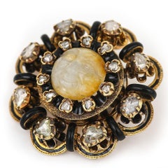 Victorian 18k Gold Man in the Moon Feldspar & Rose Cut Diamond Brooch Circa 1850