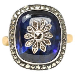 Victorian 18k Gold Marcasite & Blue Glass Flower Cluster Ring, Circa 1860