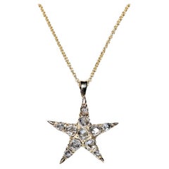 Victorian 18k Gold Natural Rose Cut Diamond Decorated Star Pendant Necklace 