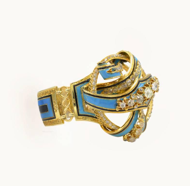 Victorian 18 Karat Gold Old Mine Cut Diamond Bracelet with Blue and Black Enamel In Excellent Condition For Sale In Los Angeles, CA