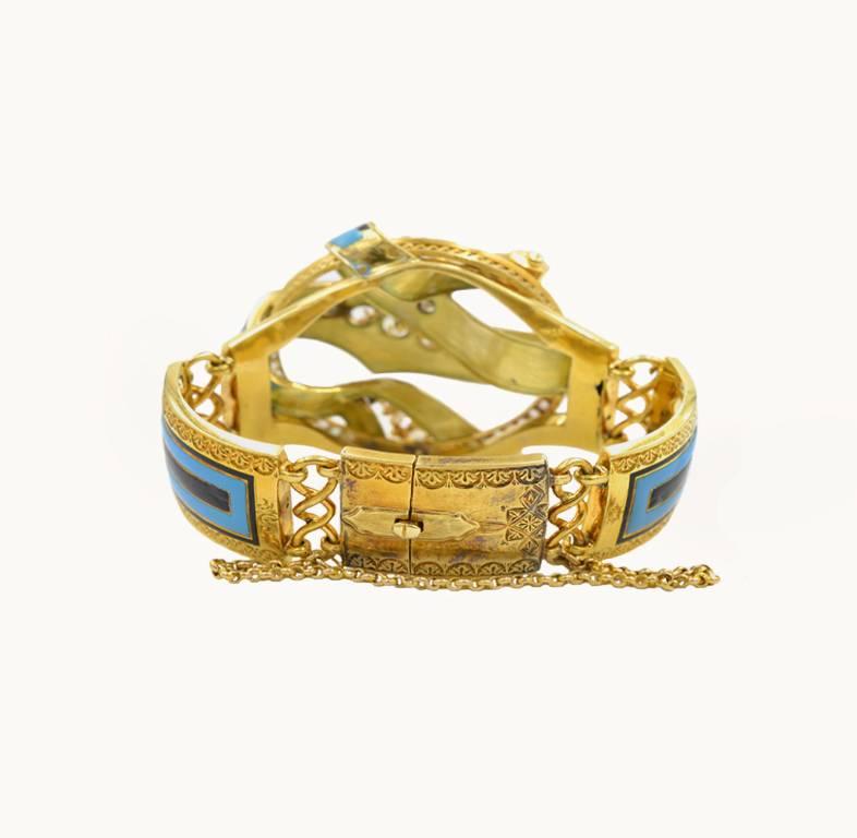 Women's Victorian 18 Karat Gold Old Mine Cut Diamond Bracelet with Blue and Black Enamel For Sale