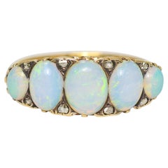 Victorian 18k Gold Opal & Rose Cut Diamond Half Hoop Ring, Circa 1880