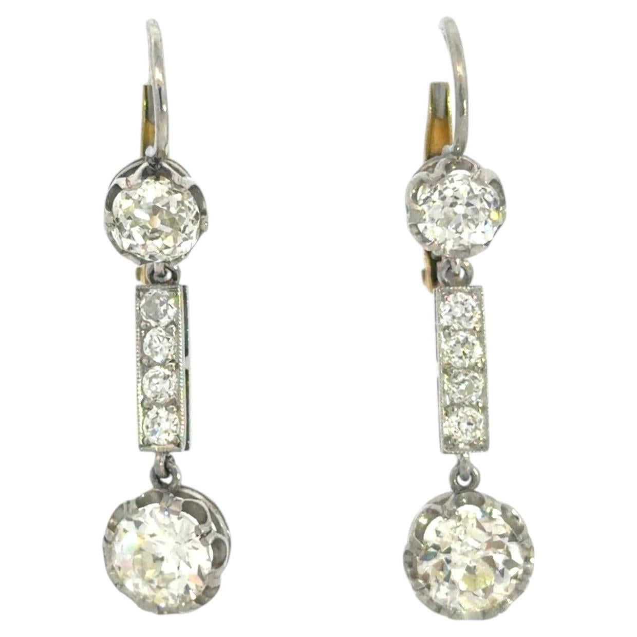 Victorian 18k Gold & Platinum Diamond Dangle Earrings 2.4ct