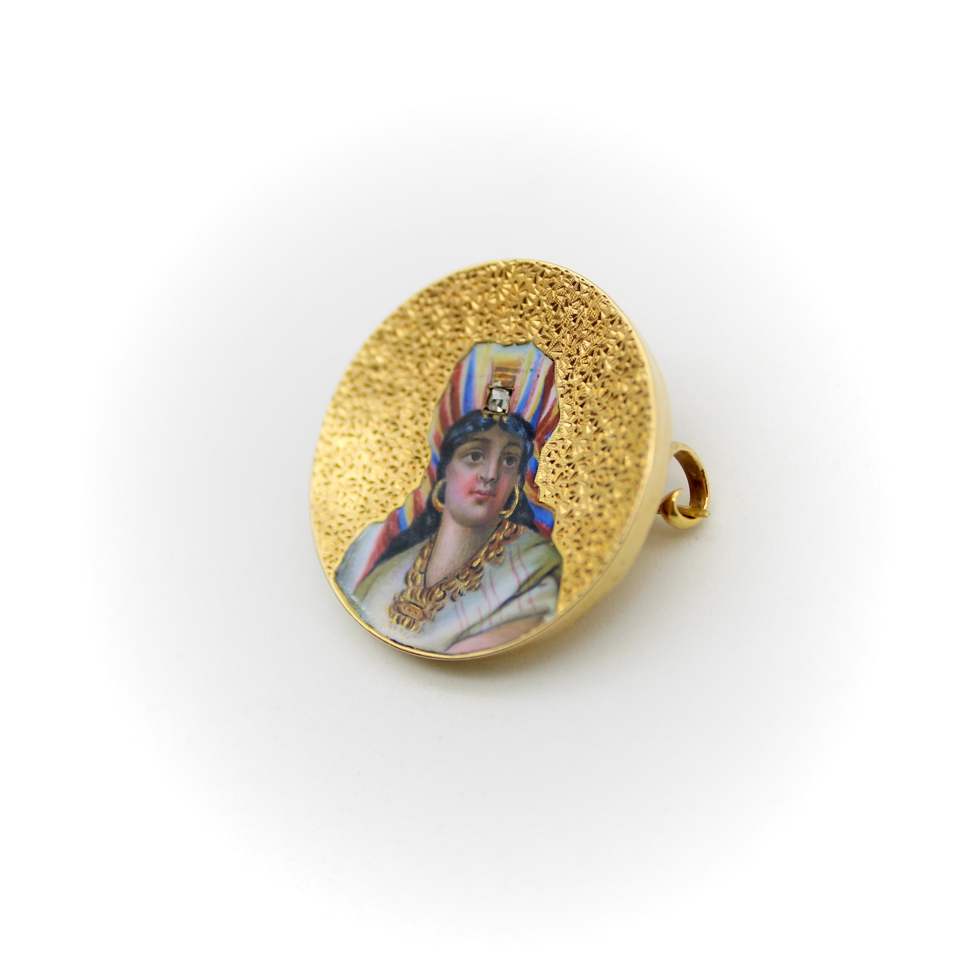 This far-east style pin is hand painted with stunning detail in enamel. The woman pictured on the front wears golden jewelry and colorful robes. Her expression is confident and calm, she inspires a sense of dignity when worn. The painting is so