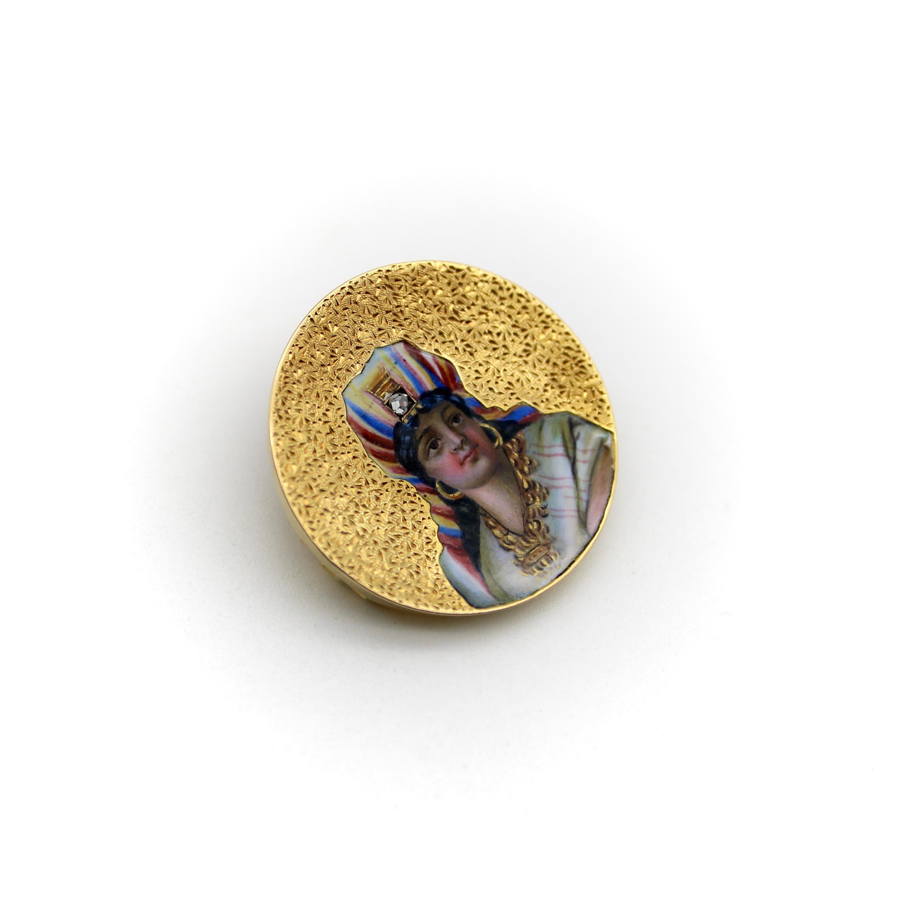 Victorien Broche portrait miniature victorienne en or 18 carats et émail avec diamants taille rose en vente