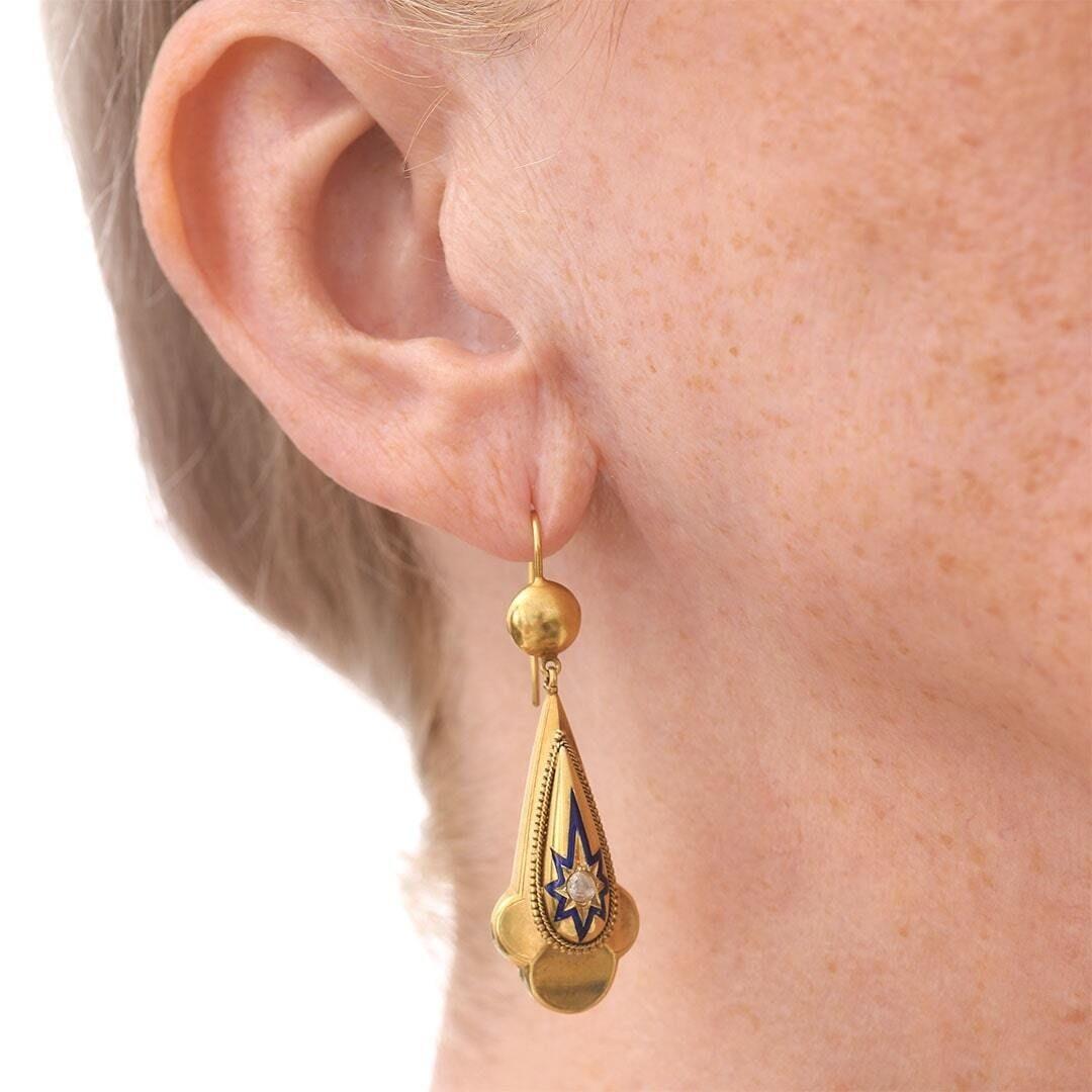 Women's Victorian 18k Gold Rose Cut Diamond and Enamel Star Drop Earrings, circa 1870