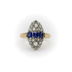Victorian 18K Gold Rose Cut Diamond and Sapphire Navette Ring