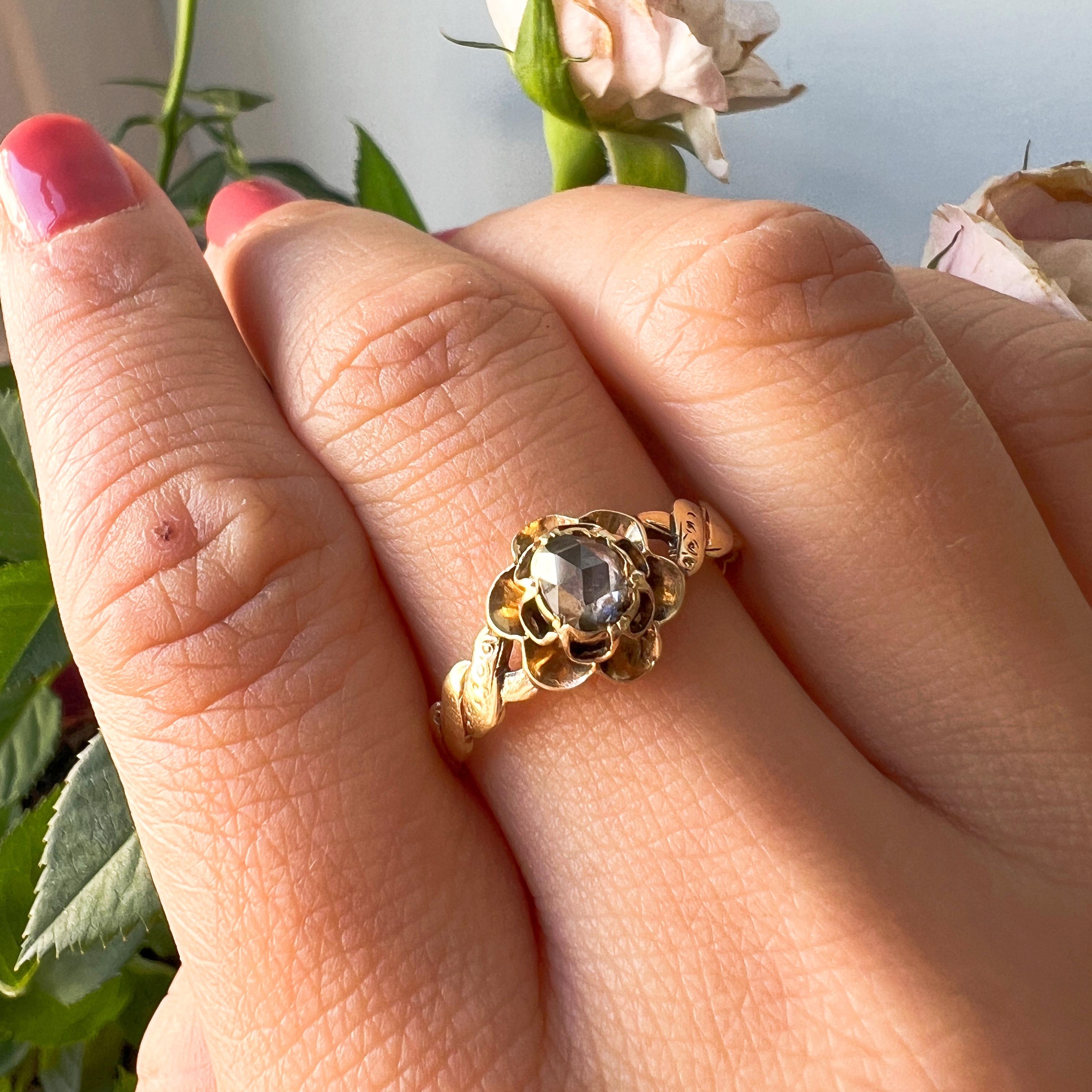 Women's or Men's Victorian 18K gold rose cut diamond rose flower ring For Sale