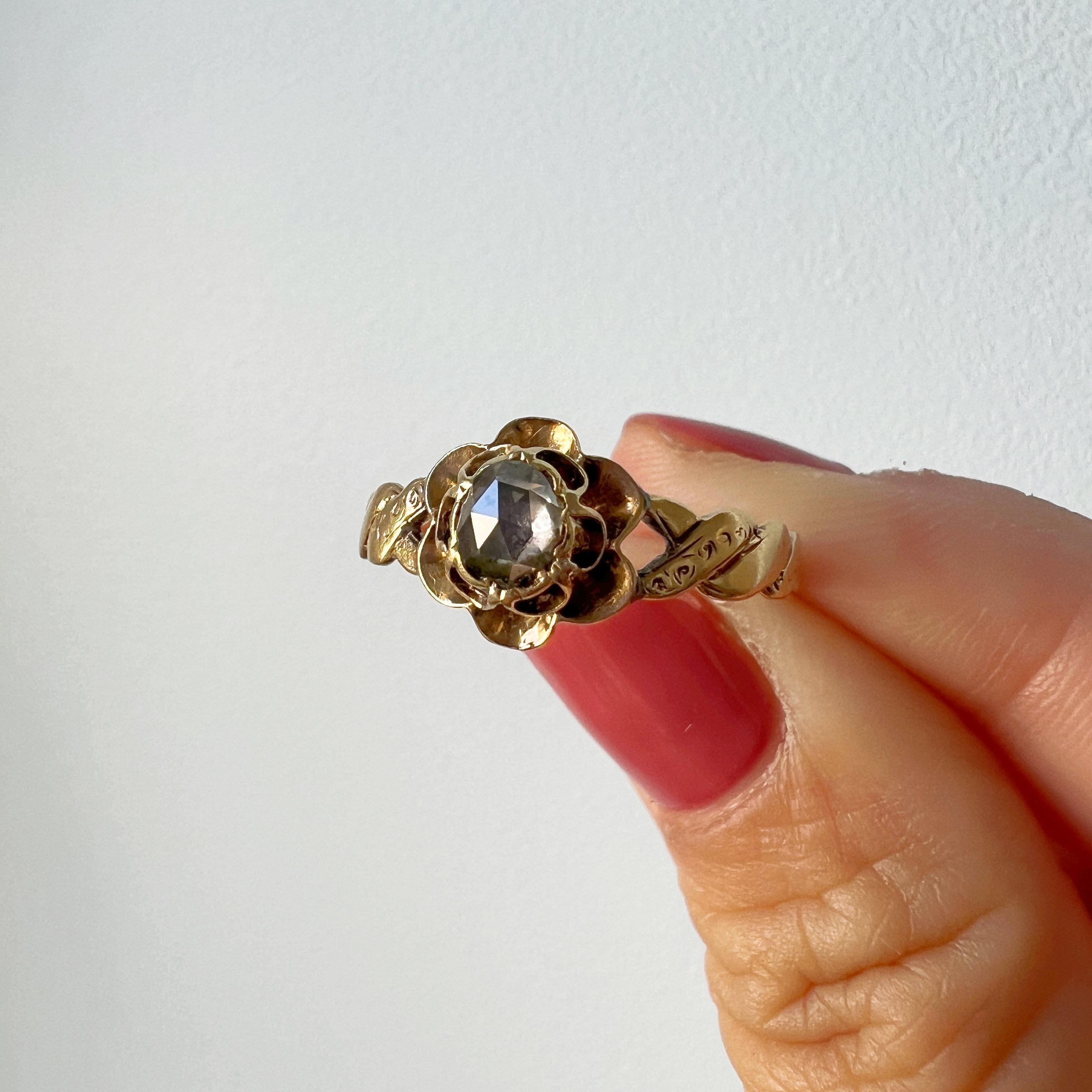 Victorian 18K gold rose cut diamond rose flower ring For Sale 1