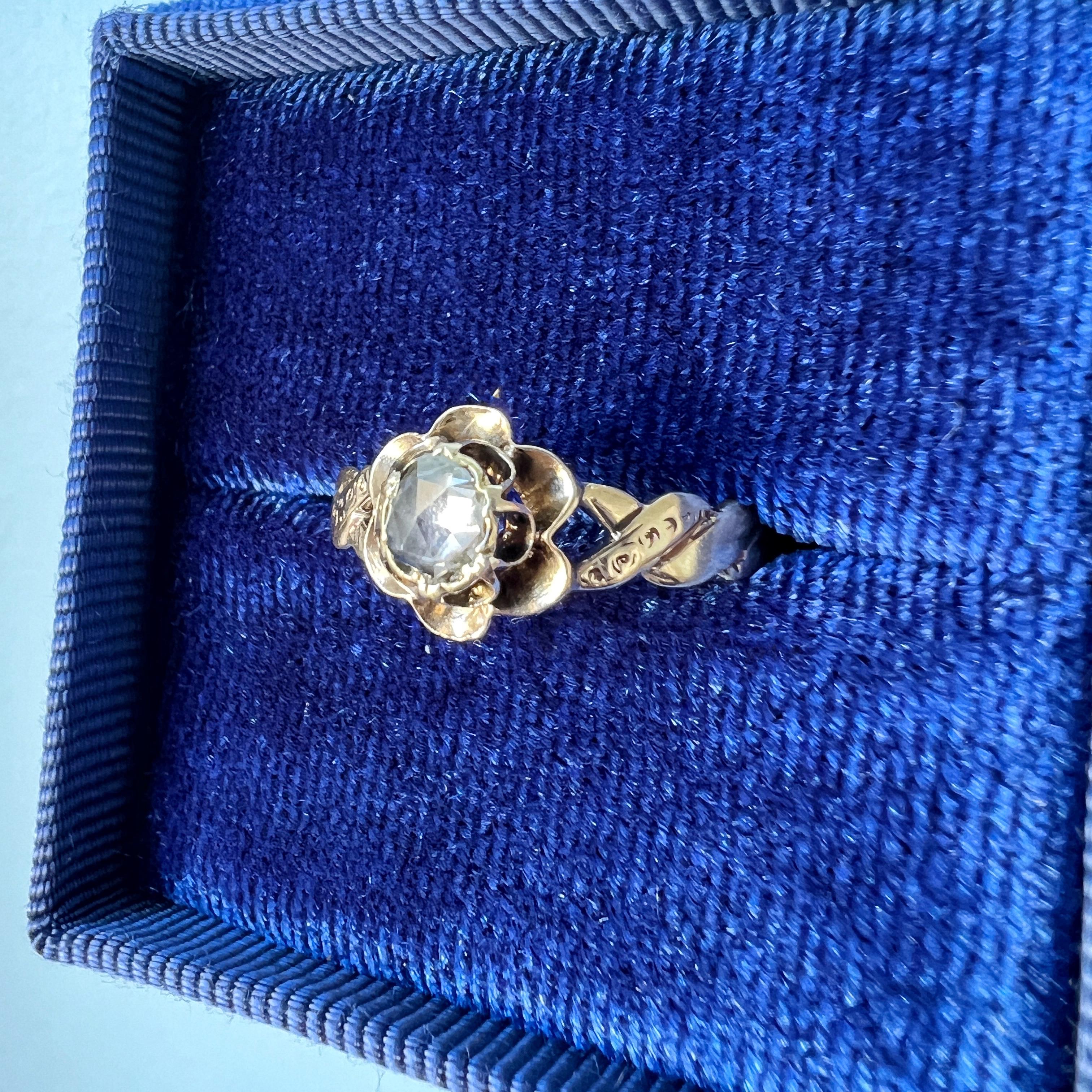Victorian 18K gold rose cut diamond rose flower ring For Sale 2
