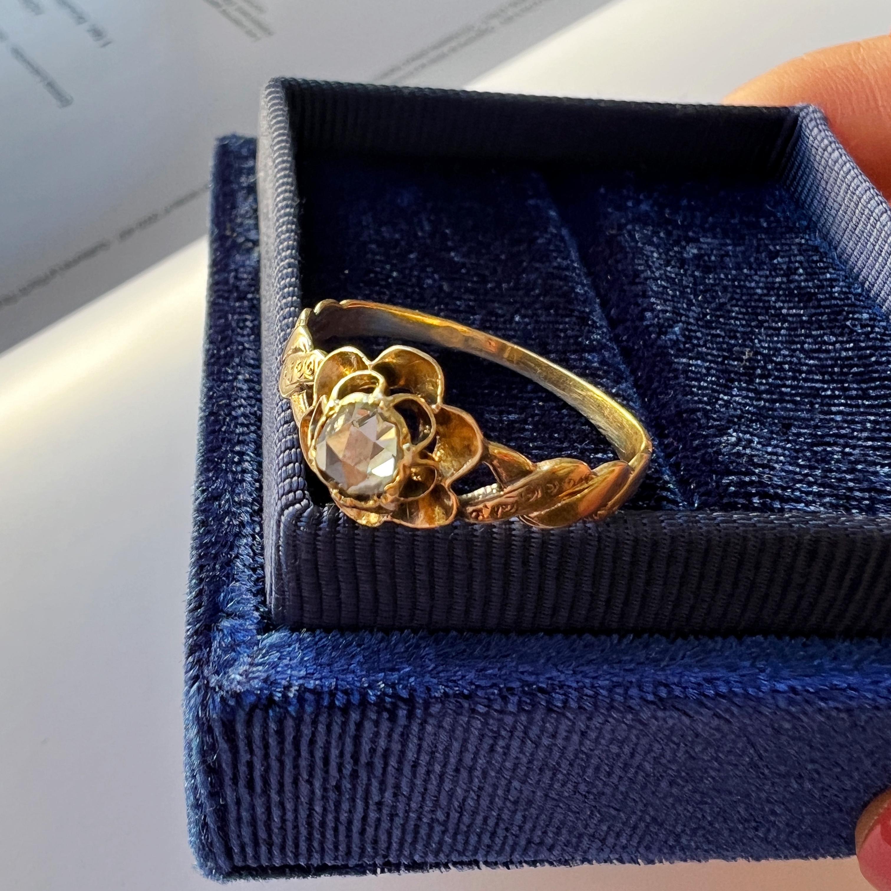 Victorian 18K gold rose cut diamond rose flower ring For Sale 4