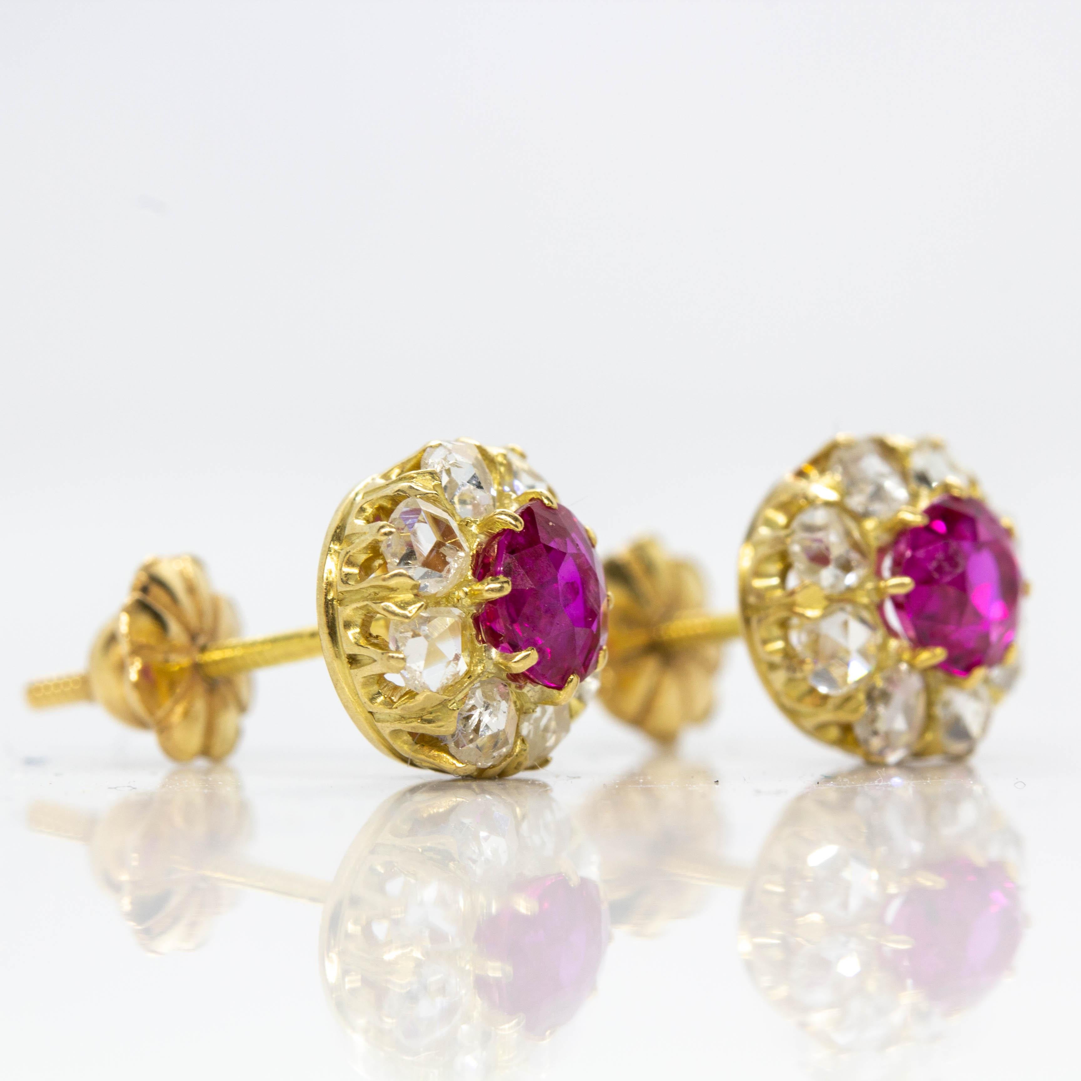 Period: Victorian (1836 - 1900)
Composition: 18k gold
•	2 natural Burma rubies 1ctw.
•	16 rose cut diamonds I-SI1 0.65ctw
Earrings measure: 7mm by 7mm by 5mm
Total weight: 2.5 grams – 1.5dwt
