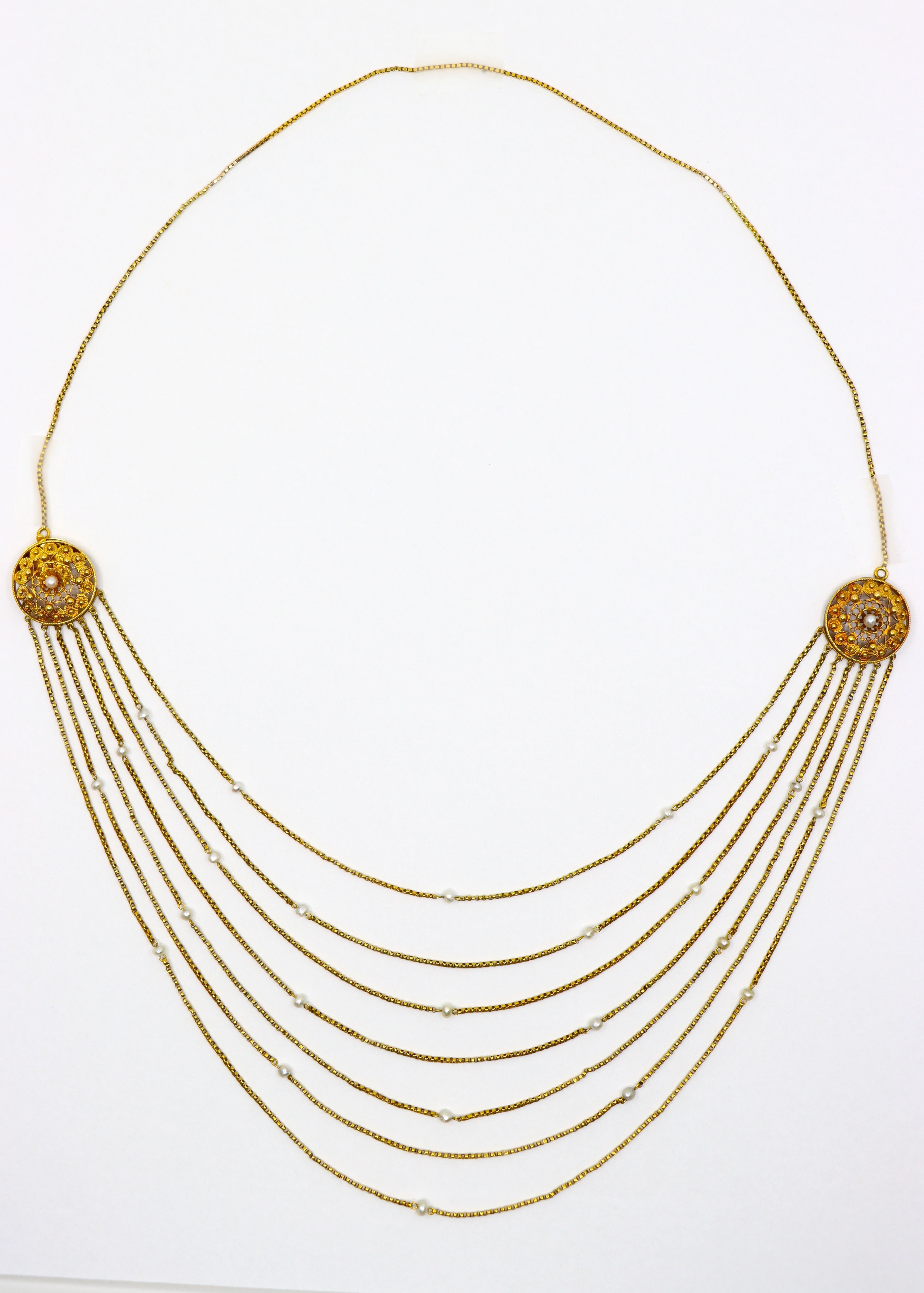 Collier victorien en or 18K à perles de rocaille et stands multiples

Dimensions approximatives :
55 cm (longueur) 
0,1 - 1,8 cm (largeur) 
14,8 grammes.