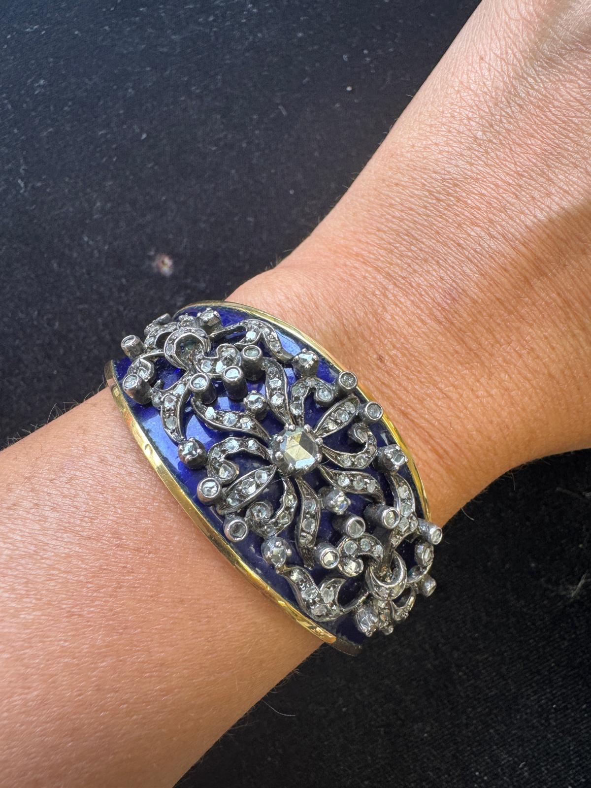 Bracelet victorien en or 18K, argent, diamant et émail bleu en vente 4