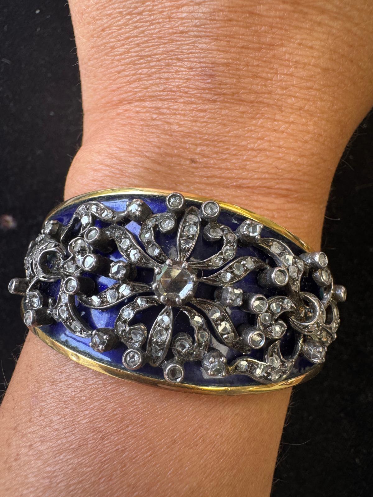 Bracelet victorien en or 18K, argent, diamant et émail bleu en vente 6