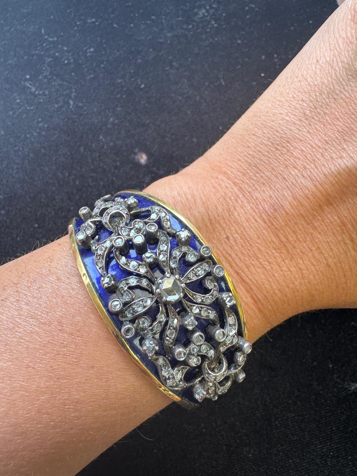 Bracelet victorien en or 18K, argent, diamant et émail bleu en vente 7