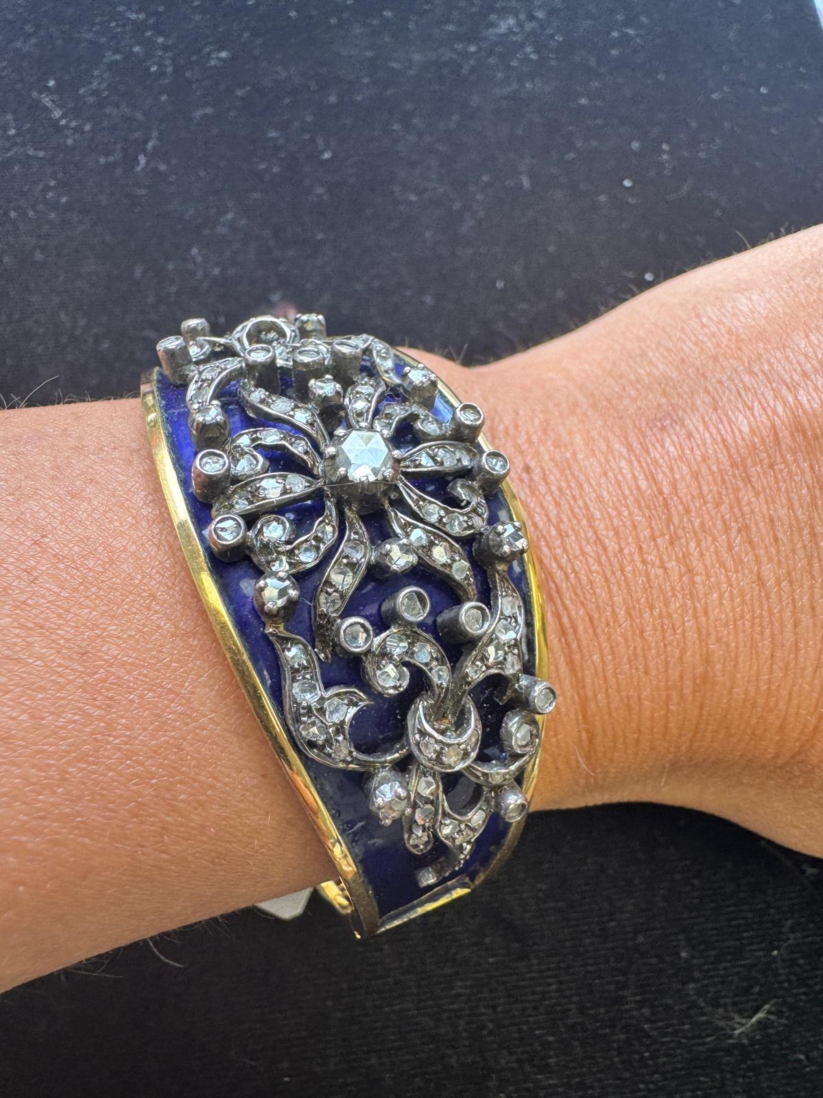 Bracelet victorien en or 18K, argent, diamant et émail bleu en vente 8