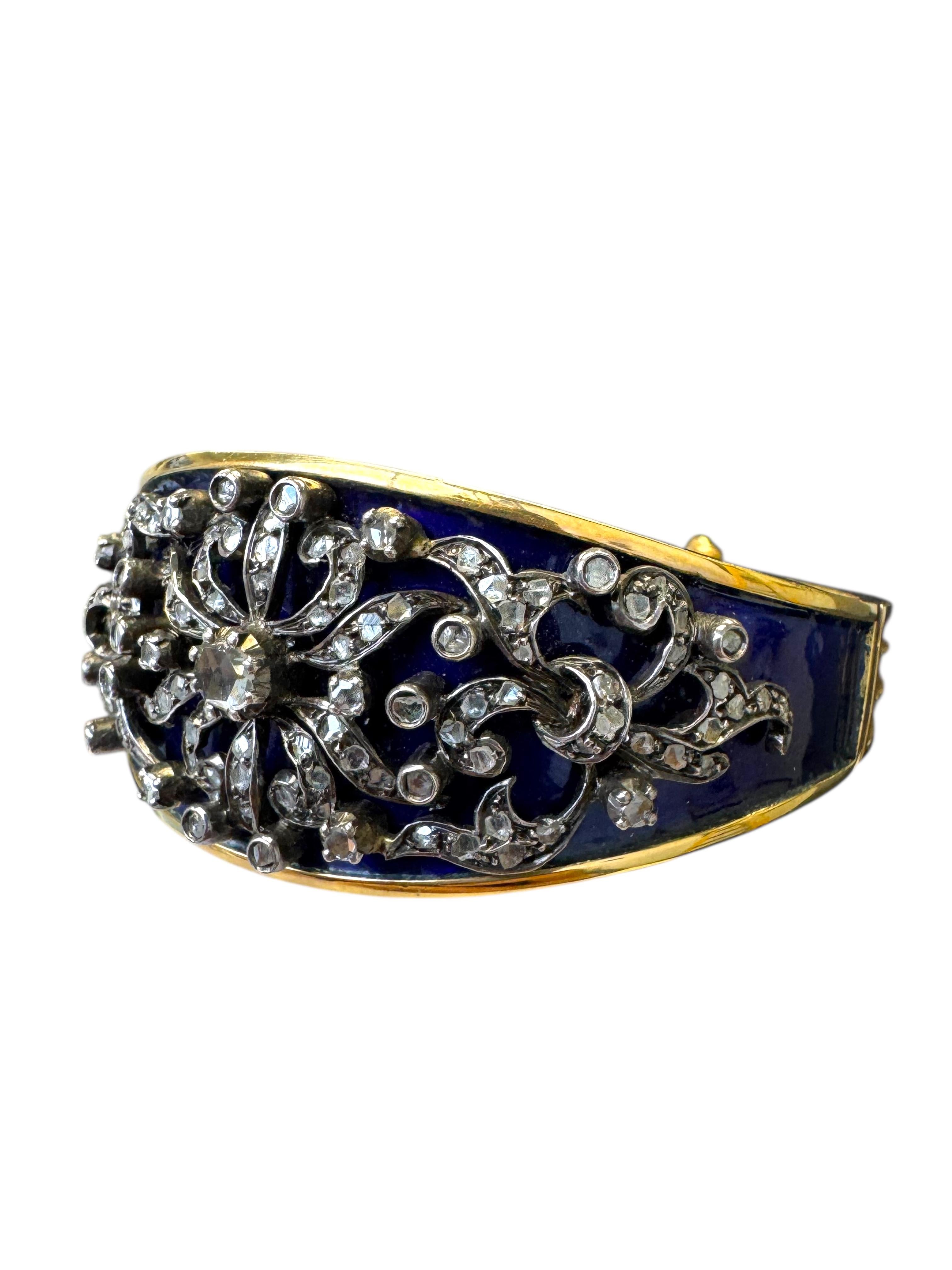 Victorien Bracelet victorien en or 18K, argent, diamant et émail bleu en vente