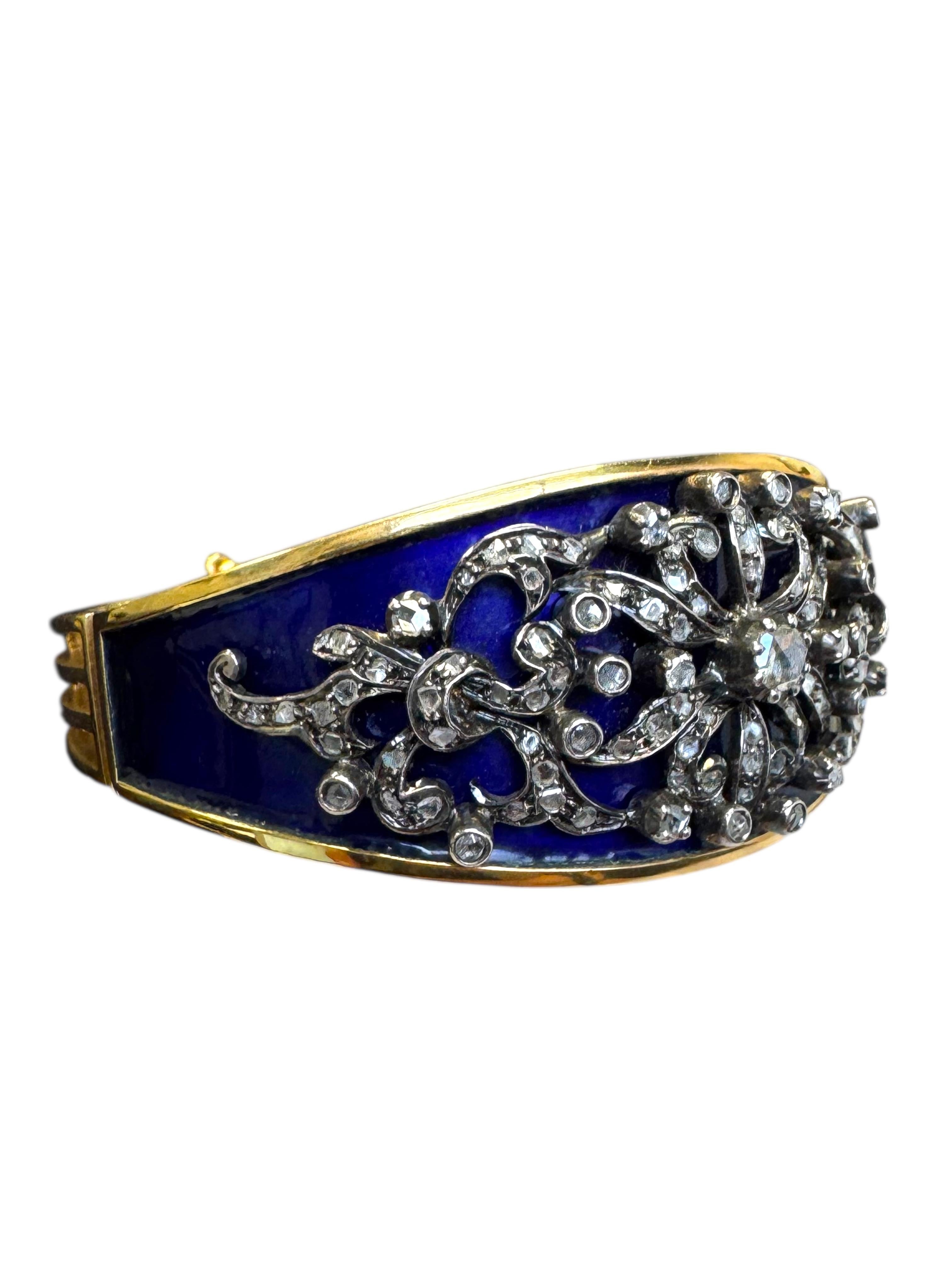 Taille rose Bracelet victorien en or 18K, argent, diamant et émail bleu en vente