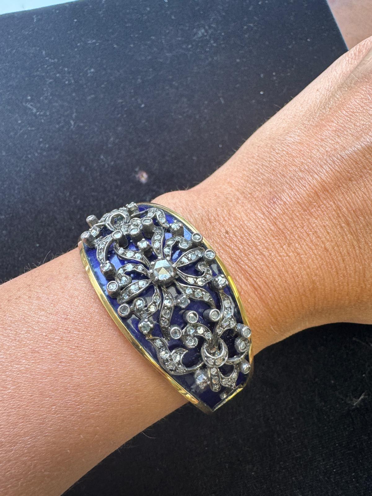 Bracelet victorien en or 18K, argent, diamant et émail bleu Unisexe en vente