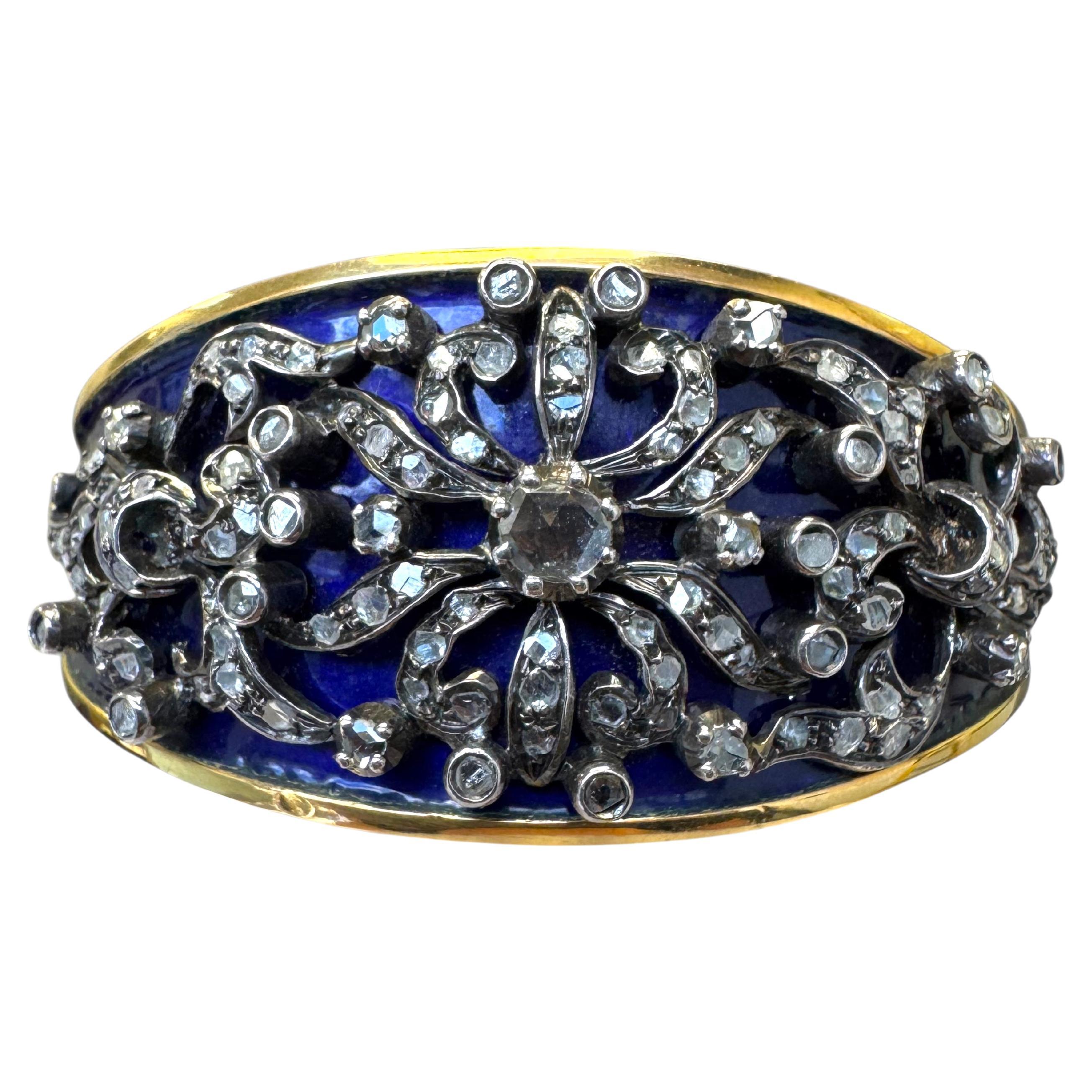 Bracelet victorien en or 18K, argent, diamant et émail bleu