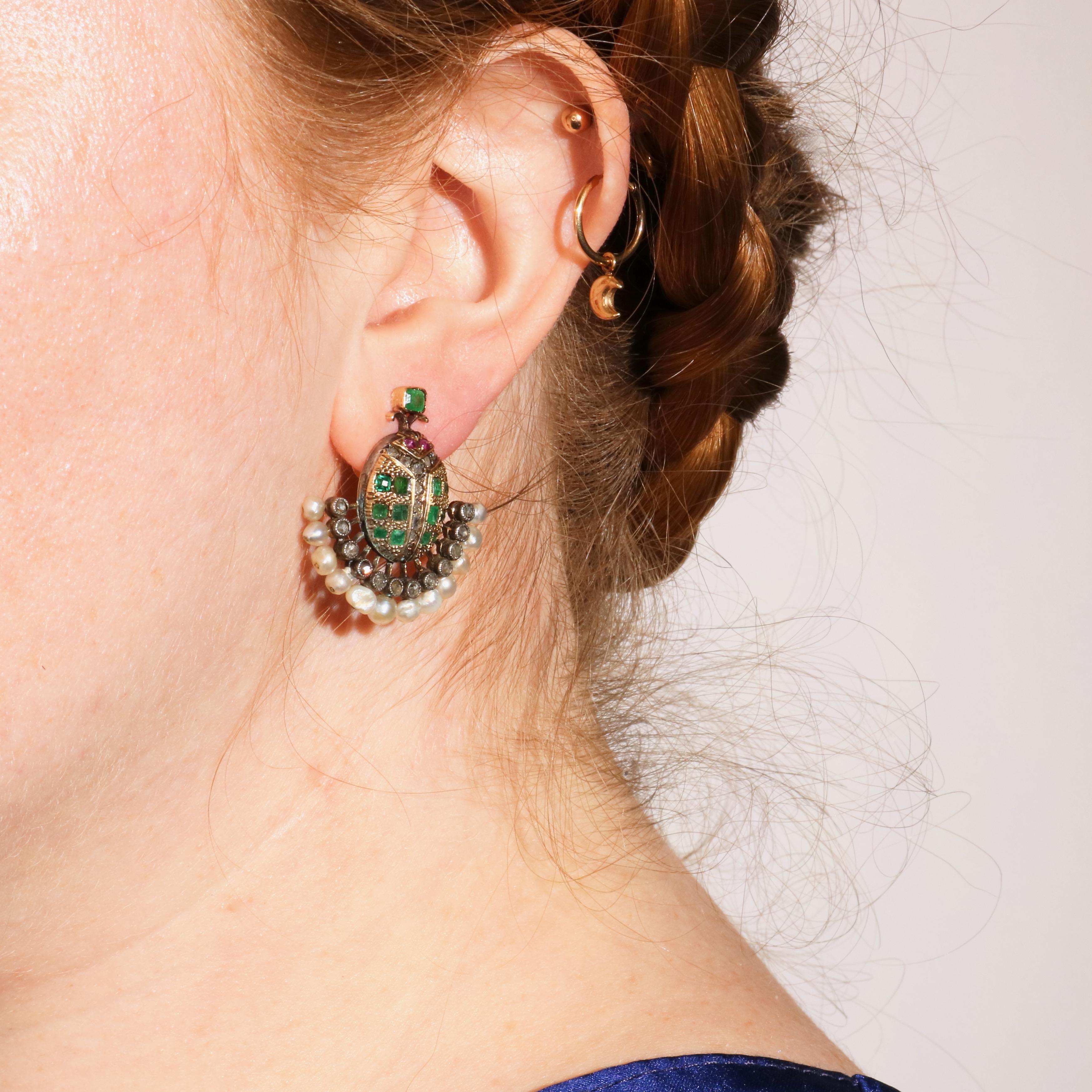 Victorian 18K Gold & Silver Emerald, Diamond, Ruby & Pearl Scarab Earrings For Sale 5