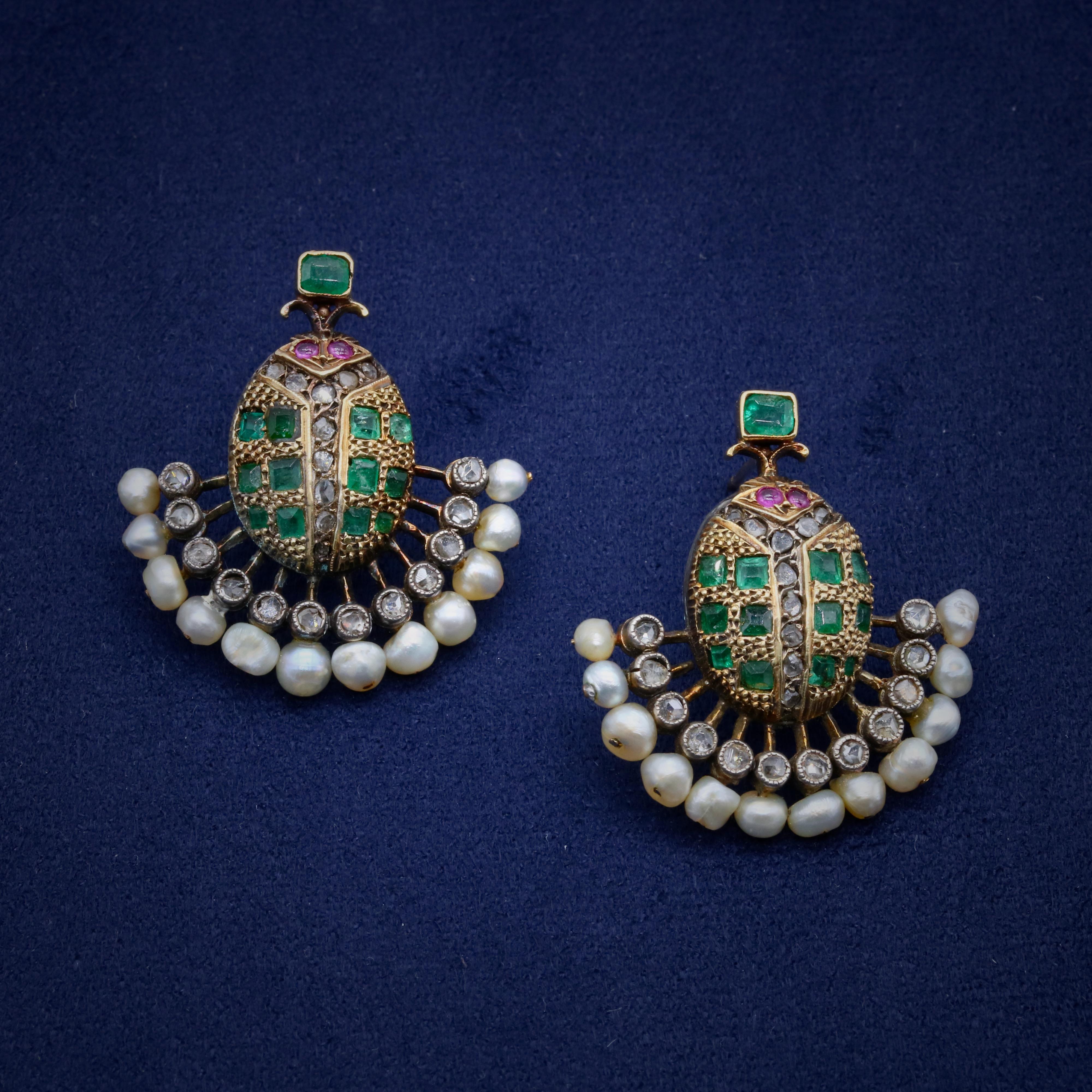 Rose Cut Victorian 18K Gold & Silver Emerald, Diamond, Ruby & Pearl Scarab Earrings For Sale