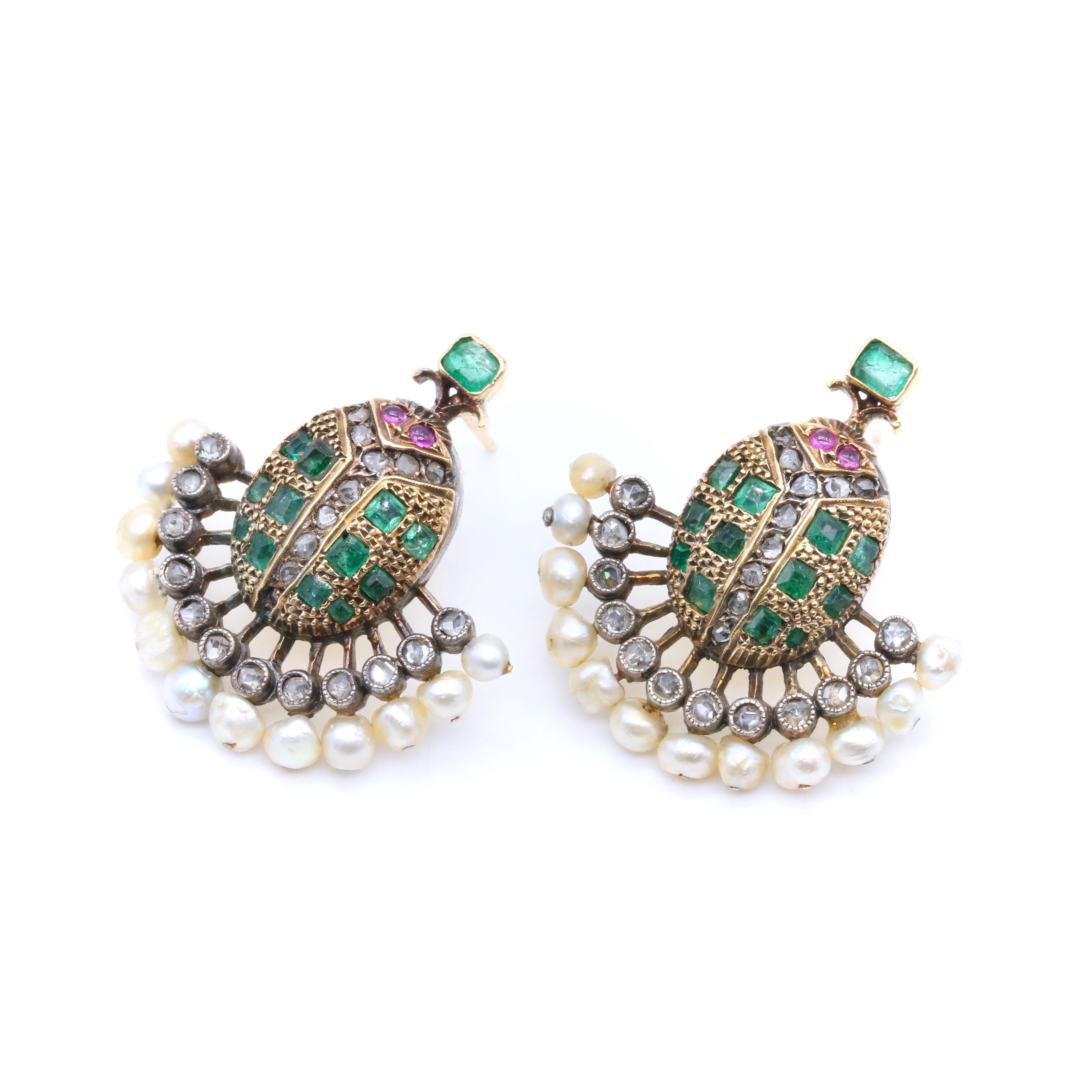 Victorian 18K Gold & Silver Emerald, Diamond, Ruby & Pearl Scarab Earrings In Good Condition For Sale In Staines-Upon-Thames, GB
