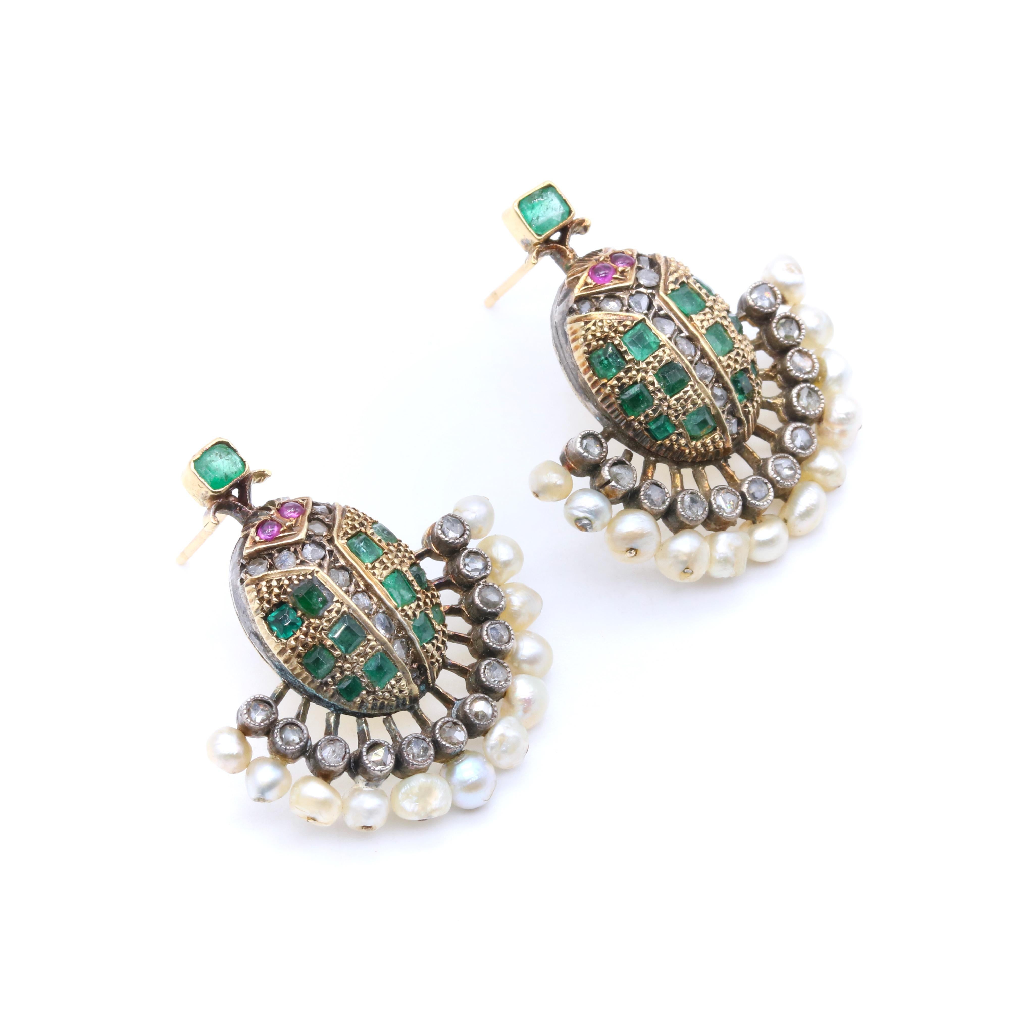 Victorian 18K Gold & Silver Emerald, Diamond, Ruby & Pearl Scarab Earrings For Sale 1