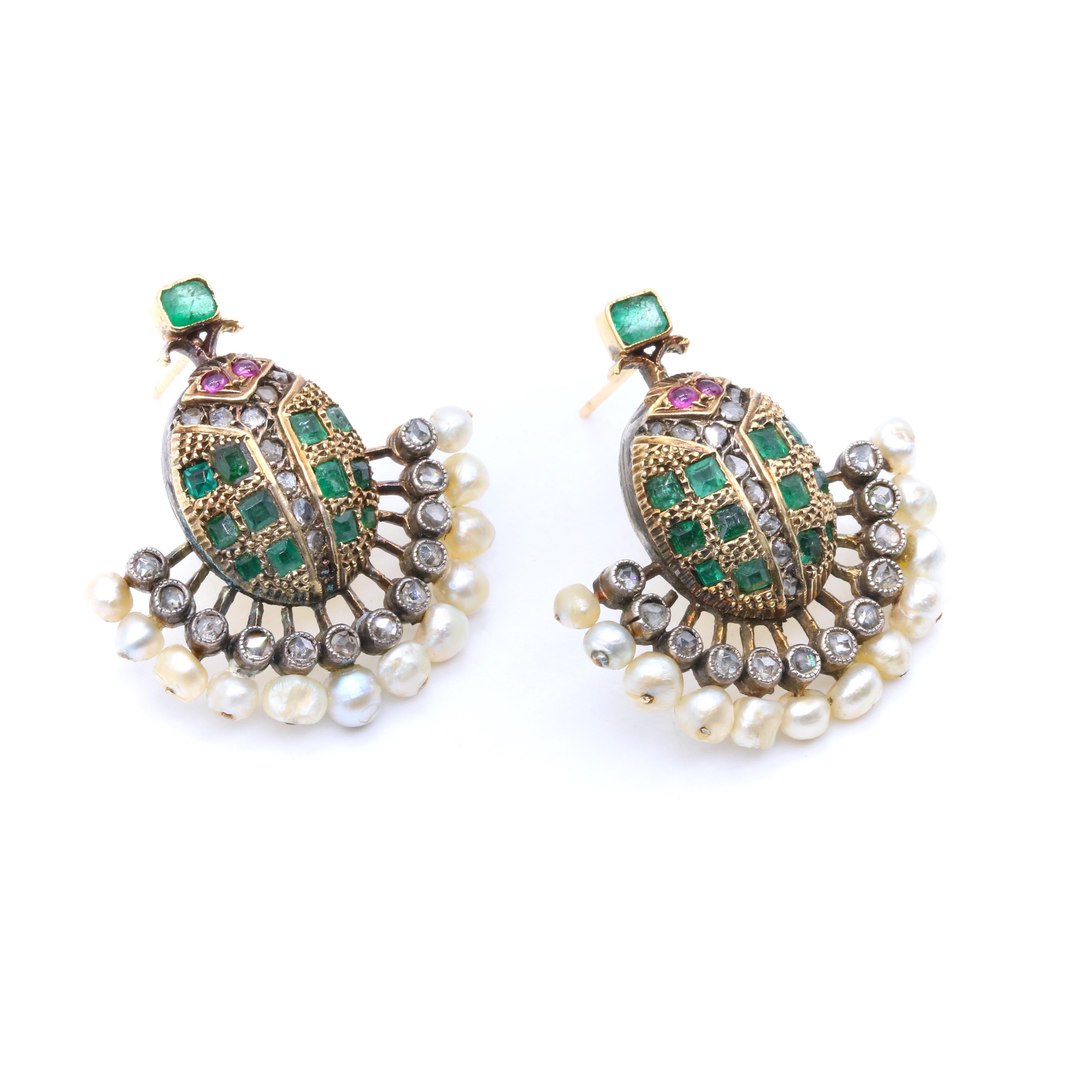 Victorian 18K Gold & Silver Emerald, Diamond, Ruby & Pearl Scarab Earrings For Sale 2