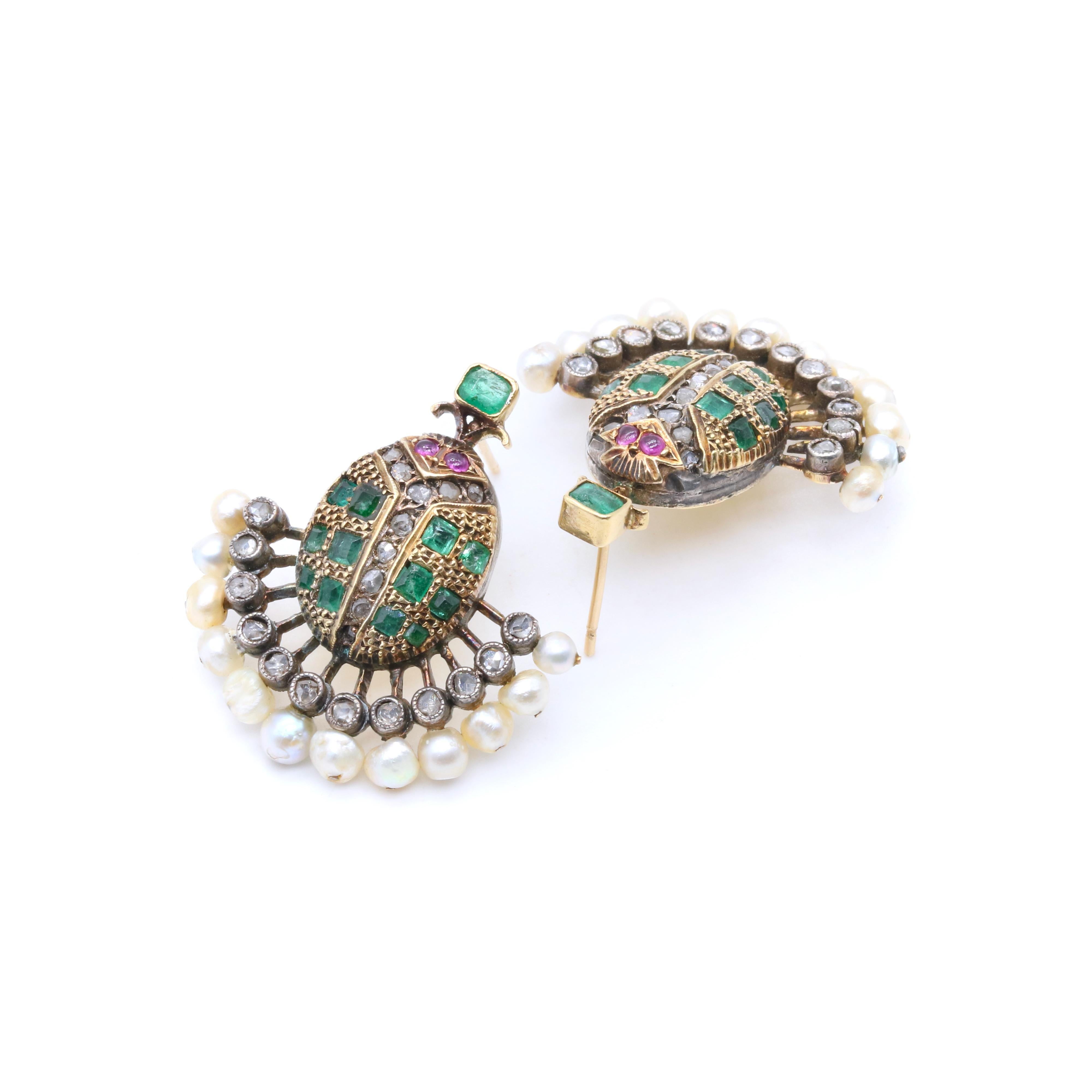 Victorian 18K Gold & Silver Emerald, Diamond, Ruby & Pearl Scarab Earrings For Sale 3