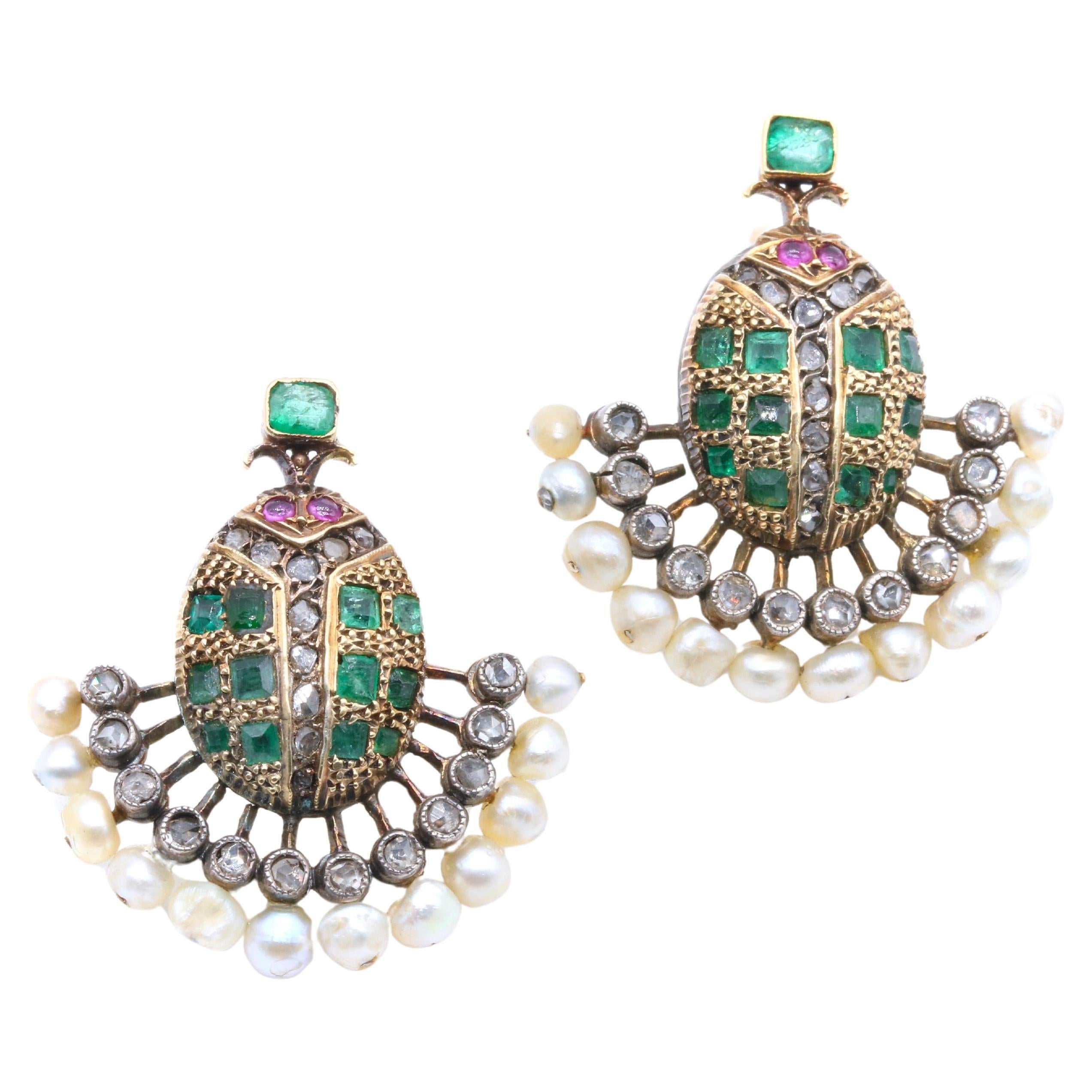 Victorian 18K Gold & Silver Emerald, Diamond, Ruby & Pearl Scarab Earrings For Sale