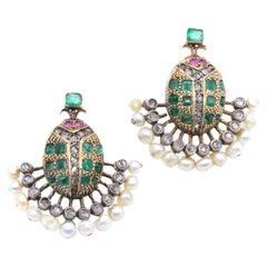 Victorian 18K Gold & Silver Emerald, Diamond, Ruby & Pearl Scarab Earrings