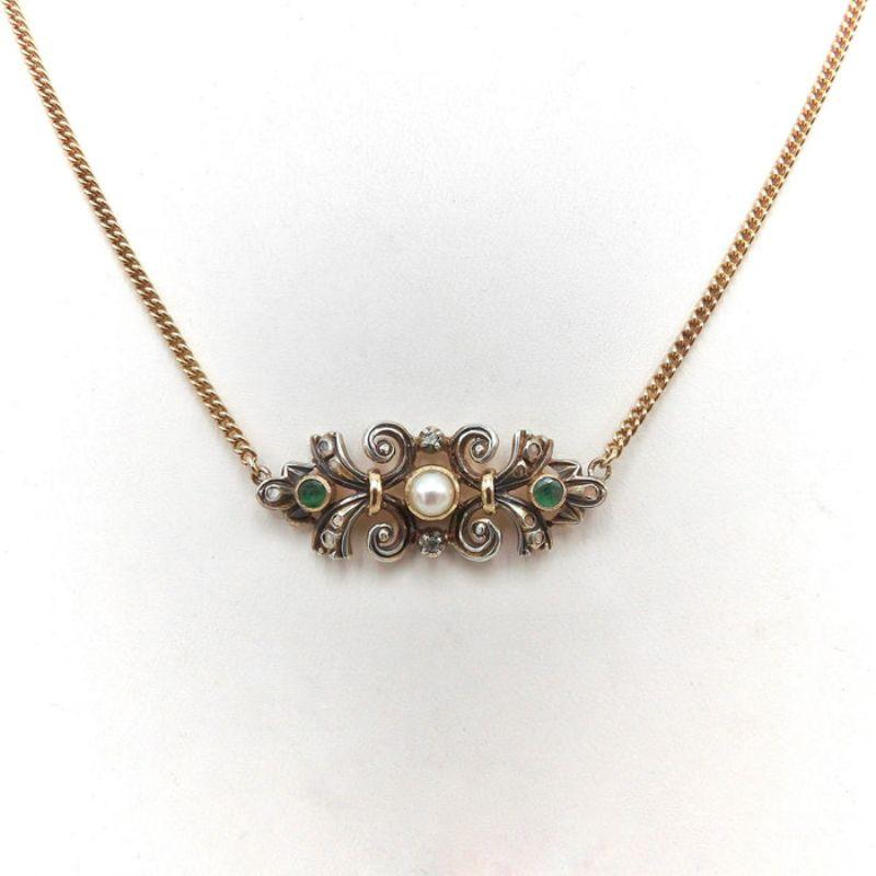 Women's or Men's Victorian 18K Gold & Silver Necklace W/ Emeralds, Pearl & Diamonds For Sale