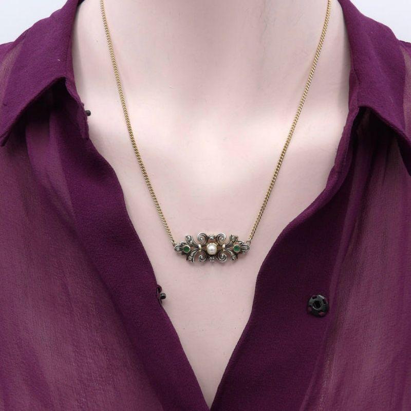 Victorian 18K Gold & Silver Necklace W/ Emeralds, Pearl & Diamonds For Sale 2