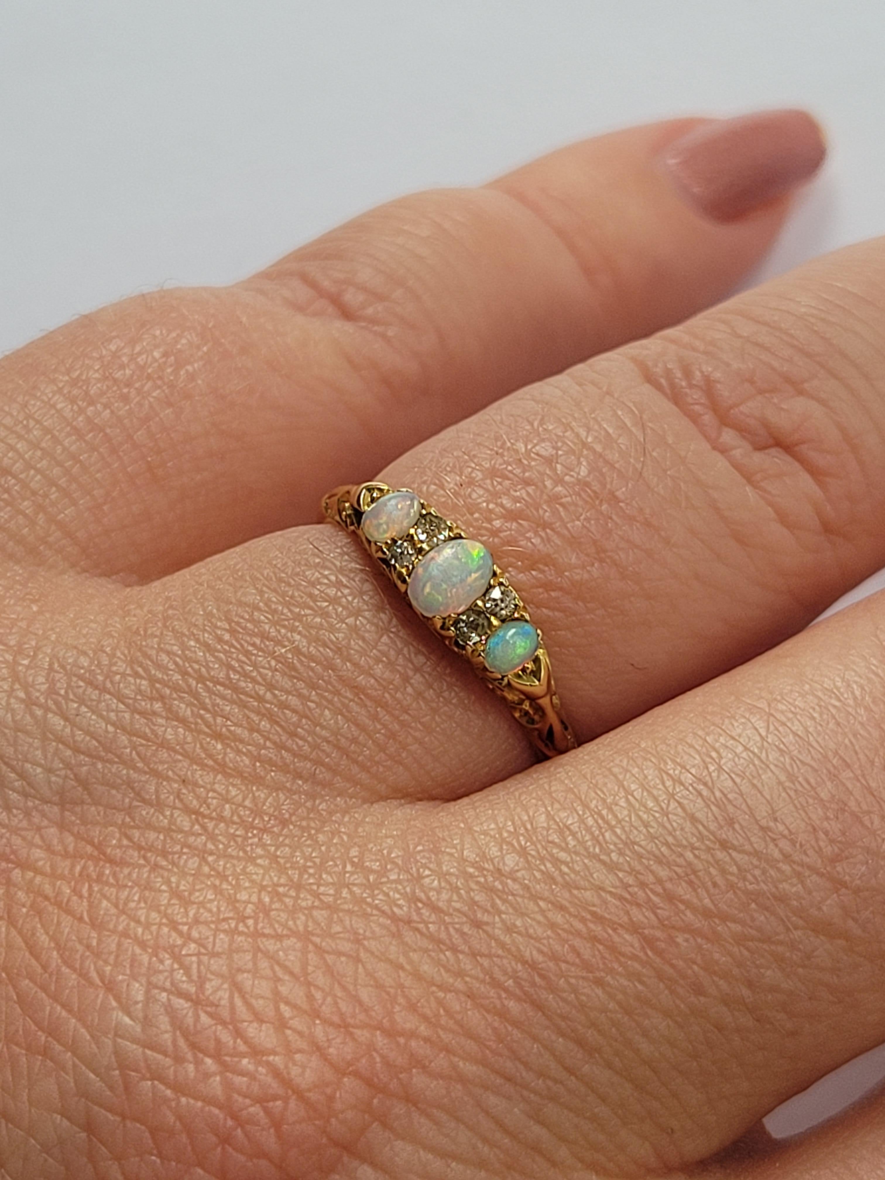 Cabochon Victorian 18K Gold Three Opal Diamond Ring