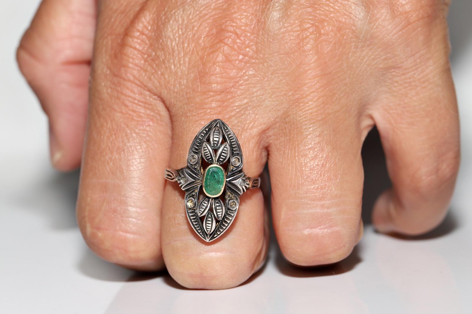 Viktorianischer Navette-Ring, viktorianisch, 18 Karat Gold Top Silber natürlicher Diamant im Rosenschliff und Smaragd im Angebot 7