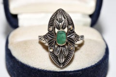 Victorian 18k Gold Top Silver Natural Rose Cut Diamond And Emerald Navette Ring