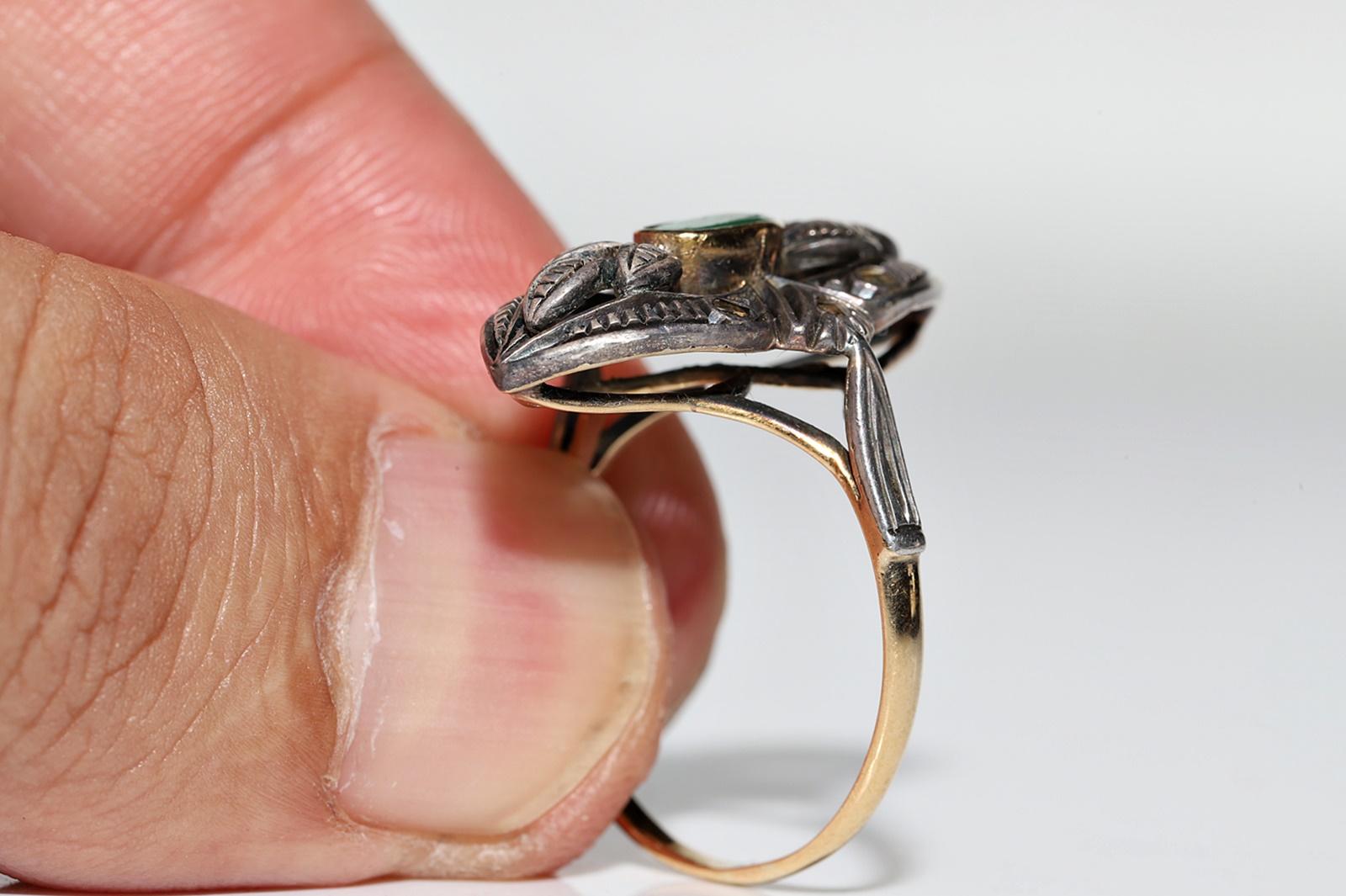Women's Victorian 18k Gold Top Silver Natural Rose Cut Diamond And Emerald Navette Ring For Sale
