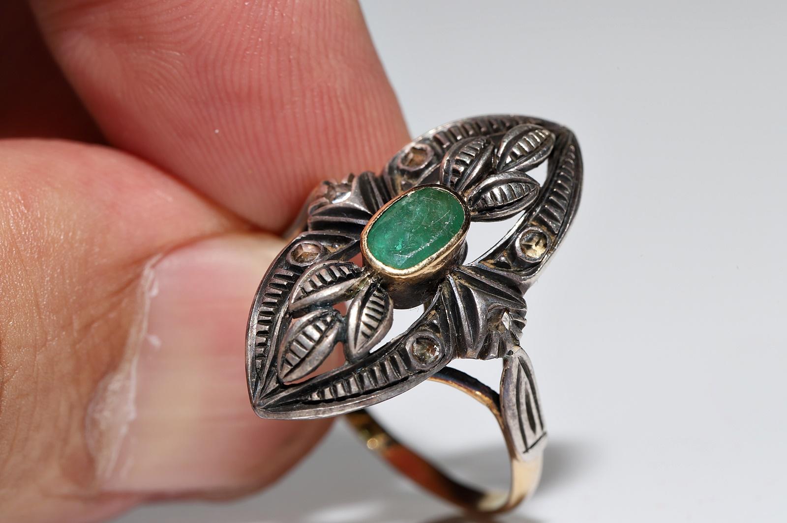 Viktorianischer Navette-Ring, viktorianisch, 18 Karat Gold Top Silber natürlicher Diamant im Rosenschliff und Smaragd im Angebot 1